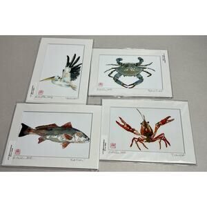 Lot Of 4 Watercolor By B.Miller Blue Crab Pelican Crawfish Seashore 5x7 Beach